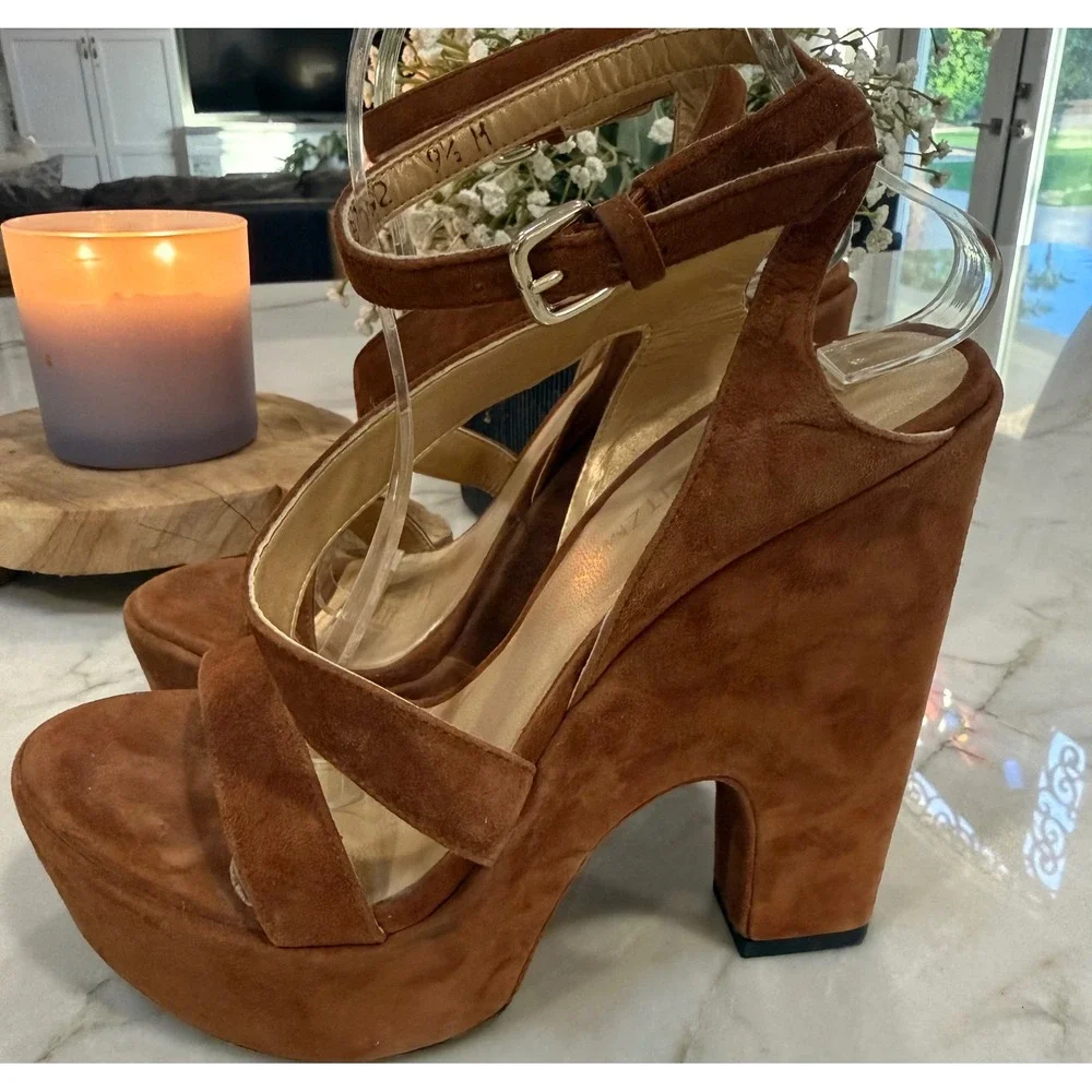 Stuart Weitzman Brown Suede Saucy Platform Wedge Sandals Ankle Strap Heels 9.5 M